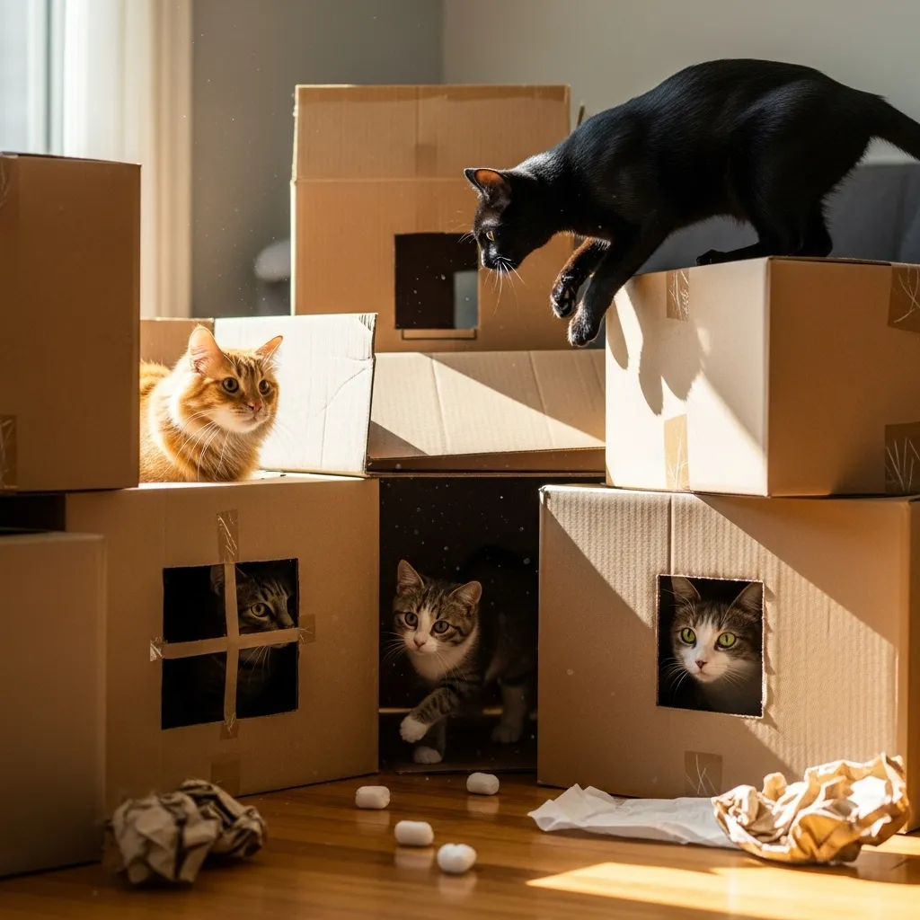 Cats vs Cardboard Boxes 3 Playful cats using cardboard boxes for games and ambush fun.