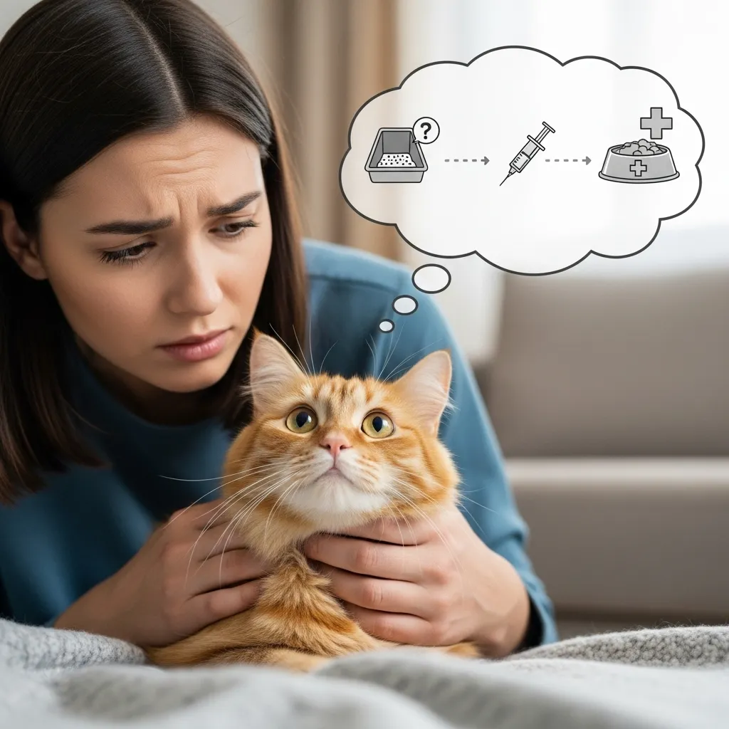 Owner assessing cat behavior changes that may indicate underlying health issues requiring a vet visit.