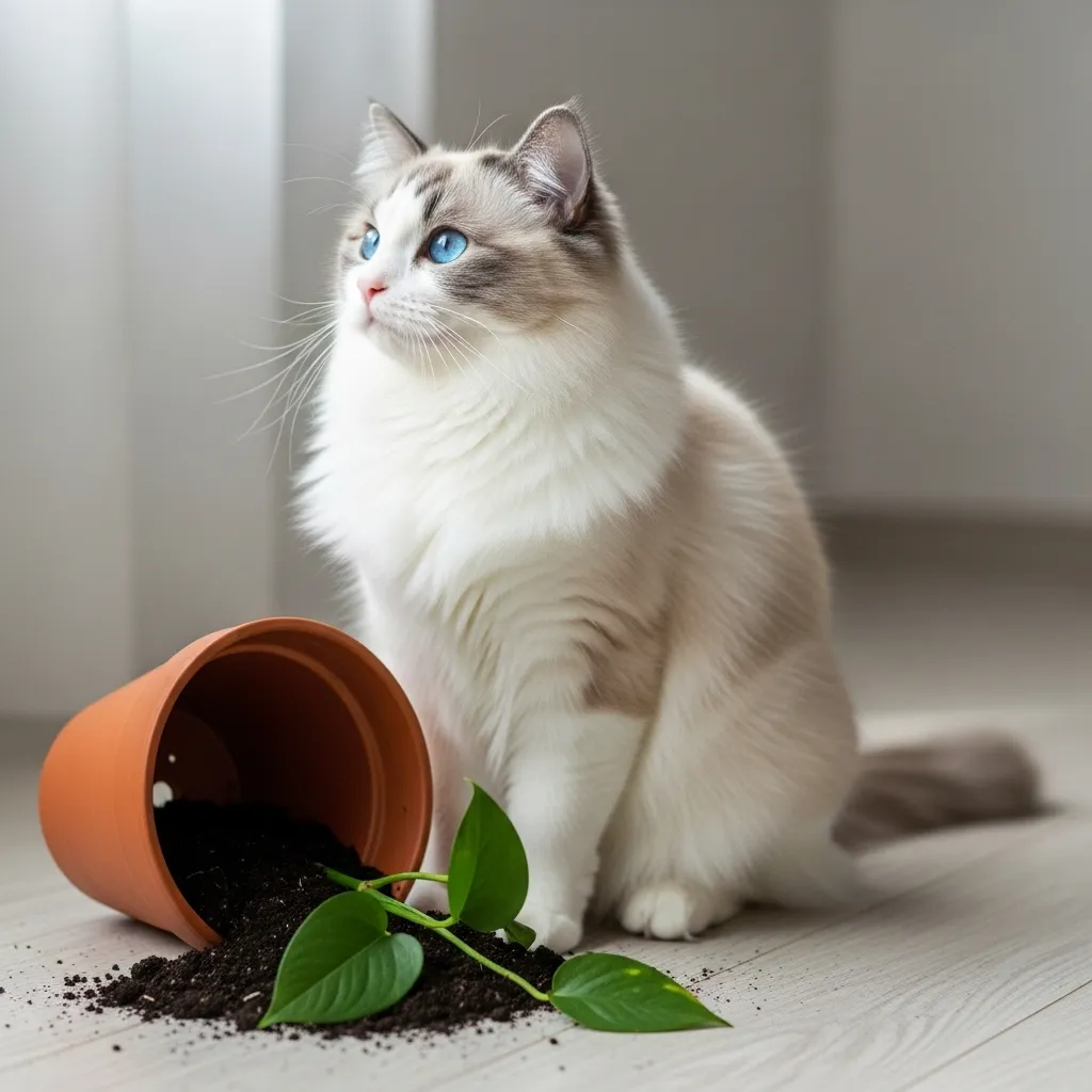  A Ragdoll cat posing innocently next to a disaster it clearly caused, a classic example of unintentional cat humor.