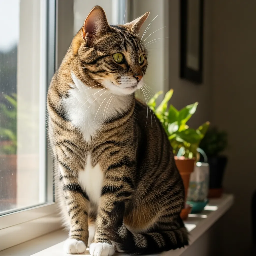  Contented cat enjoying a sunny spot, illustrating overall wellness from daily care habits.