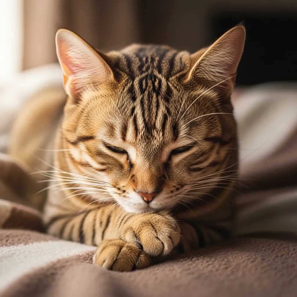 Funny cat sleeping moment with face planted on paws in relaxed comical position