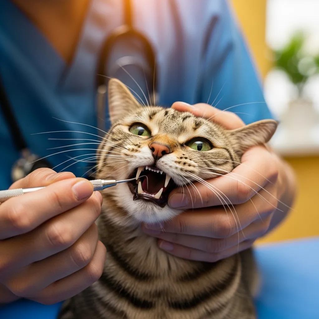  Vet inspecting cat's teeth for signs of dental disease during routine preventive care