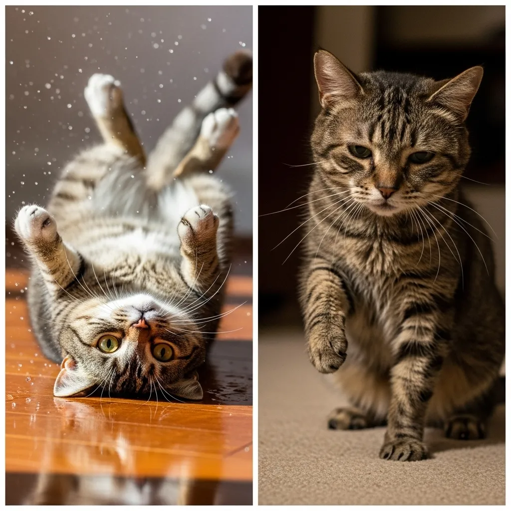 Visual comparison between normal playful feline clumsiness and potential signs of a health issue.