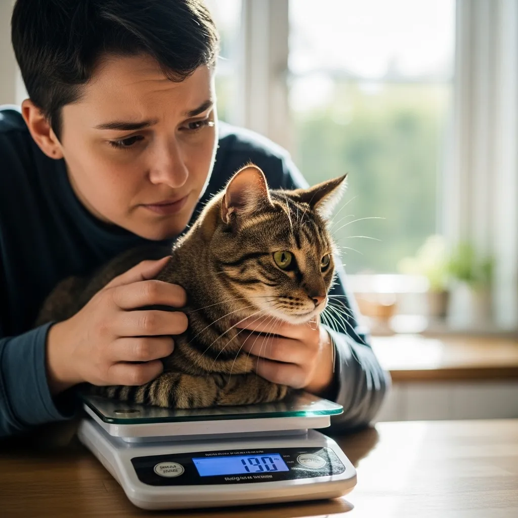 Owner weighing a cat at home to monitor for weight changes.