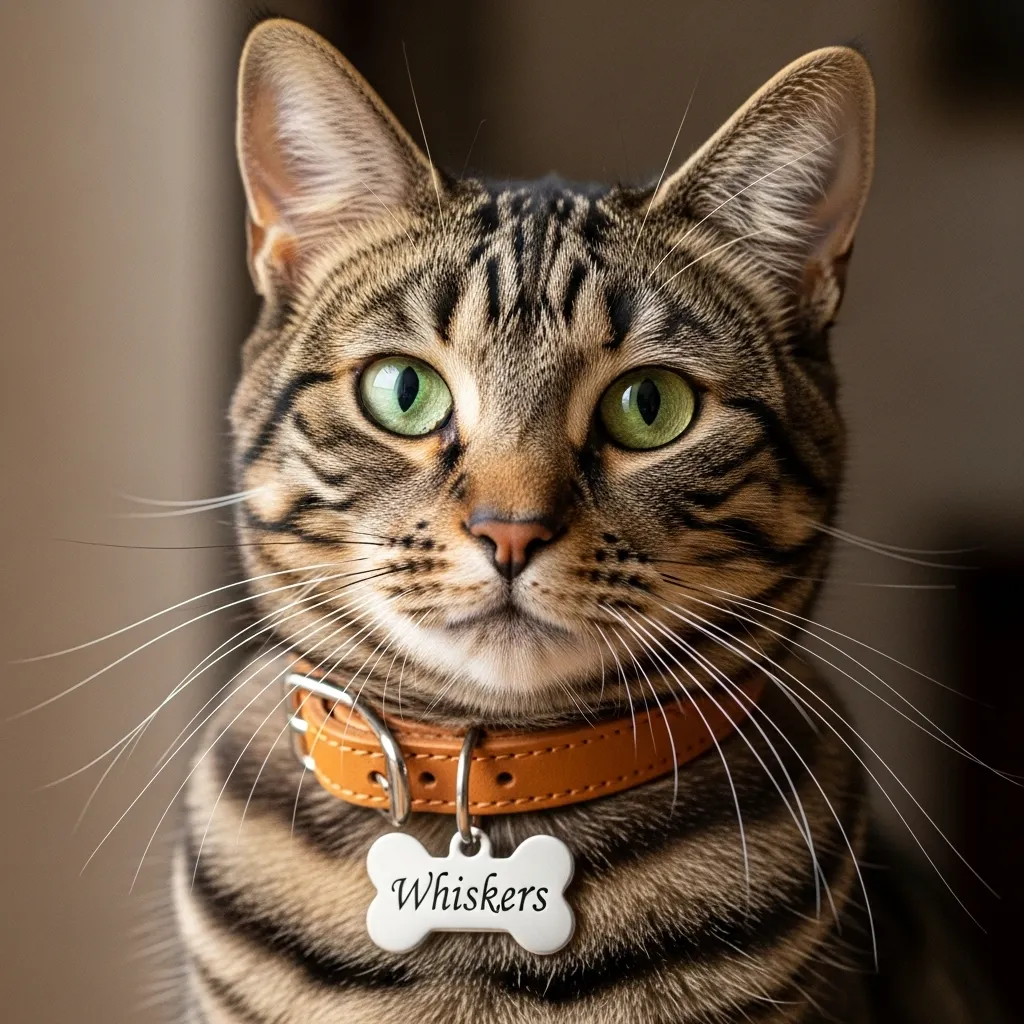 Adorable tabby cat with a timeless name tag, perfect example of classic feline charm.