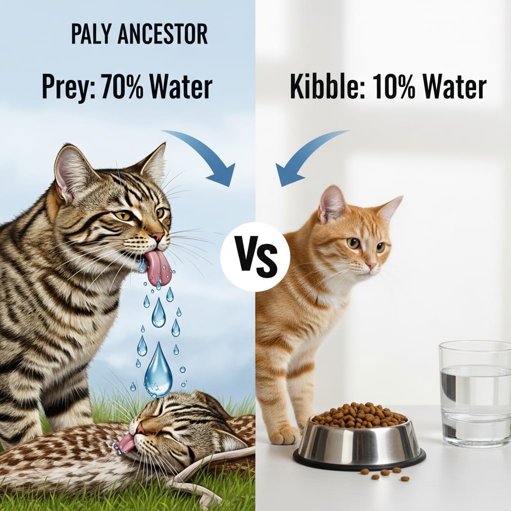 Evolutionary mismatch diagram showing how cats evolved to get water from prey but now eat dry food. Hydration 