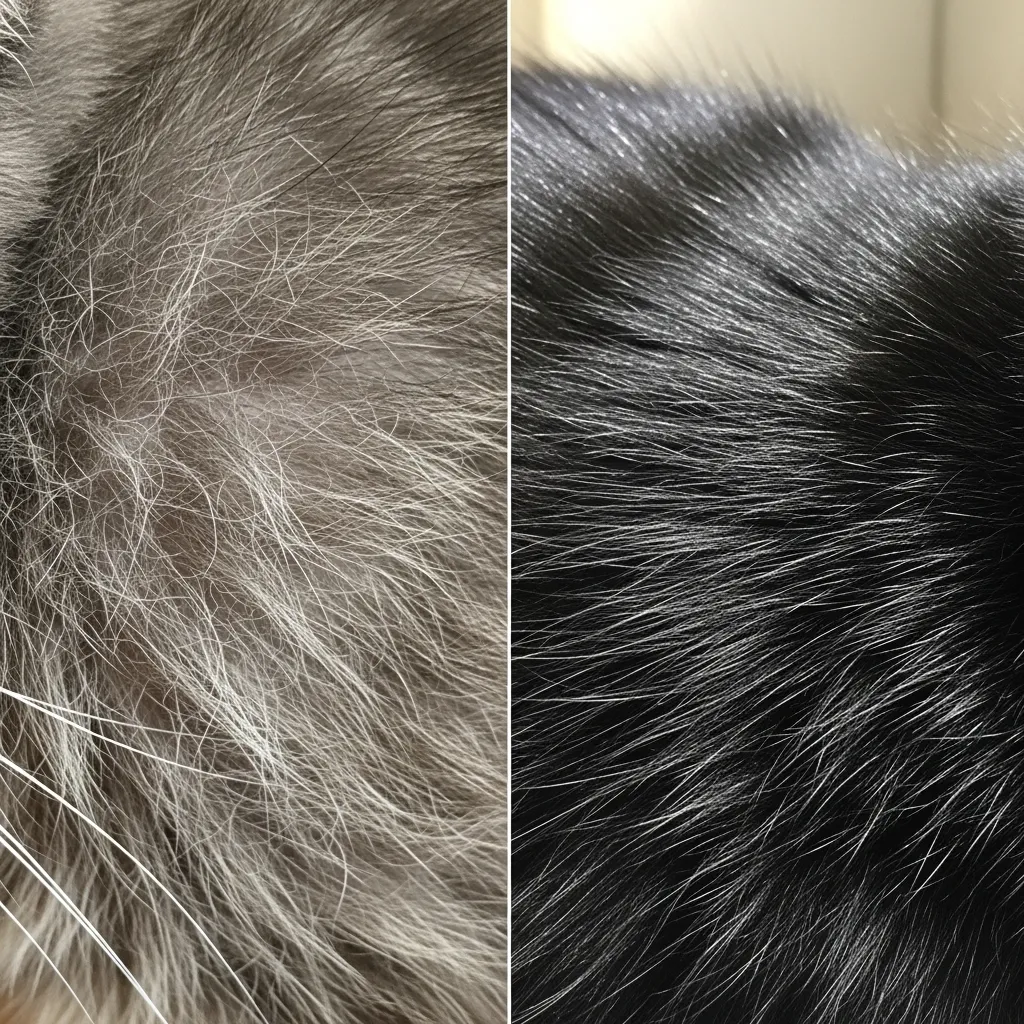  Side-by-side comparison showing the dramatic difference in cat coat quality linked to nutritional status.