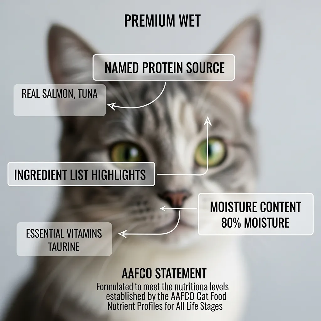 Educational close-up of a wet cat food nutrition label with key features highlighted for consumer understanding