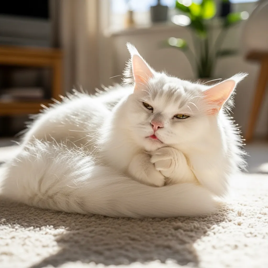 Peaceful fluffy white cat embodying timeless calm and elegance.