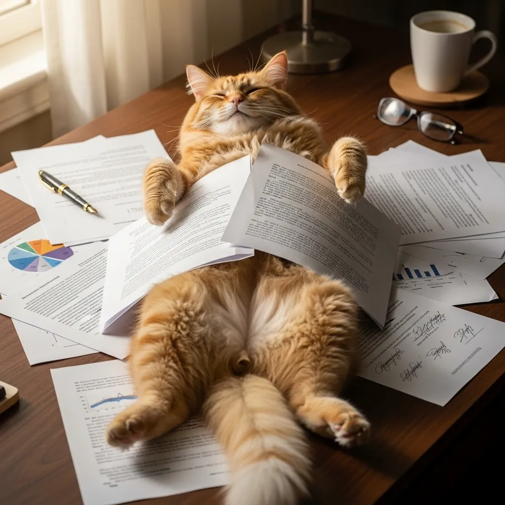  A fluffy tabby cat successfully halts all human productivity by napping on top of a desk covered in documents and pens.