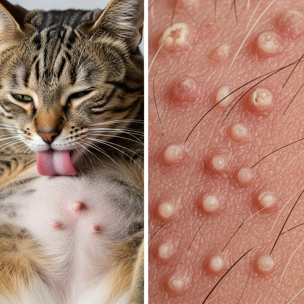 Visual examples of feline food sensitivity symptoms: over-grooming and skin lesions.