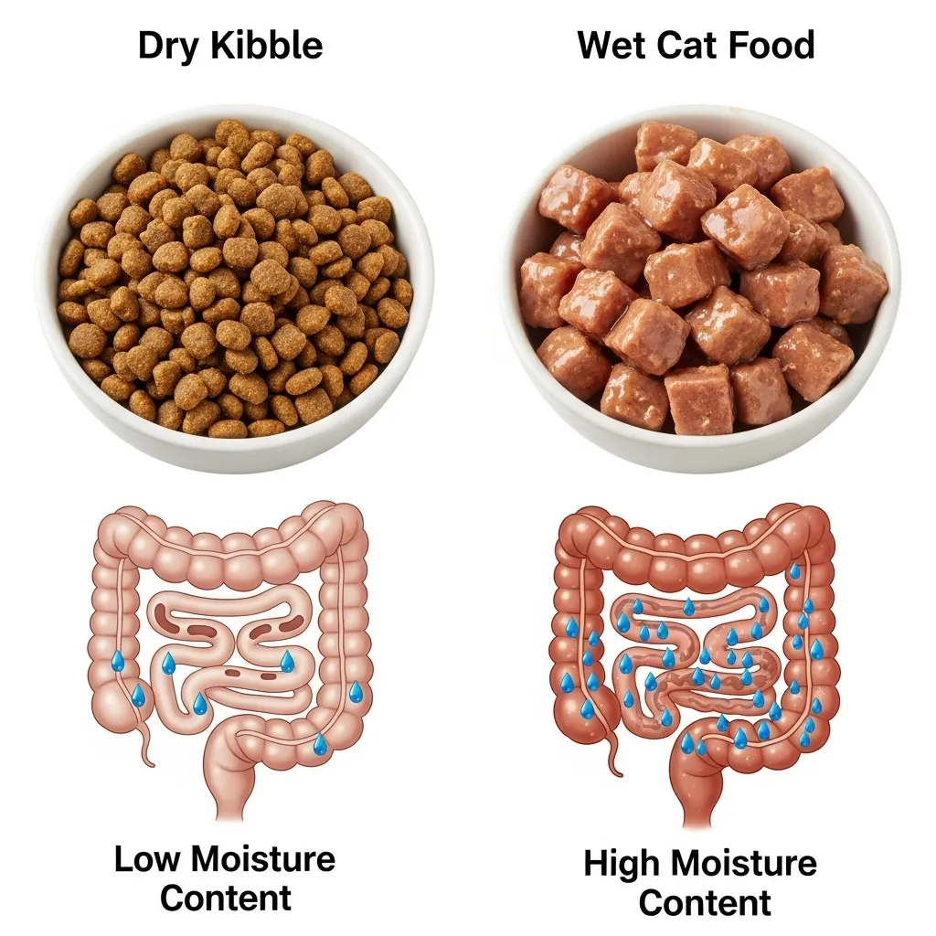 Visual comparison of moisture content in dry versus wet cat food and its impact on feline digestion and hairball formation