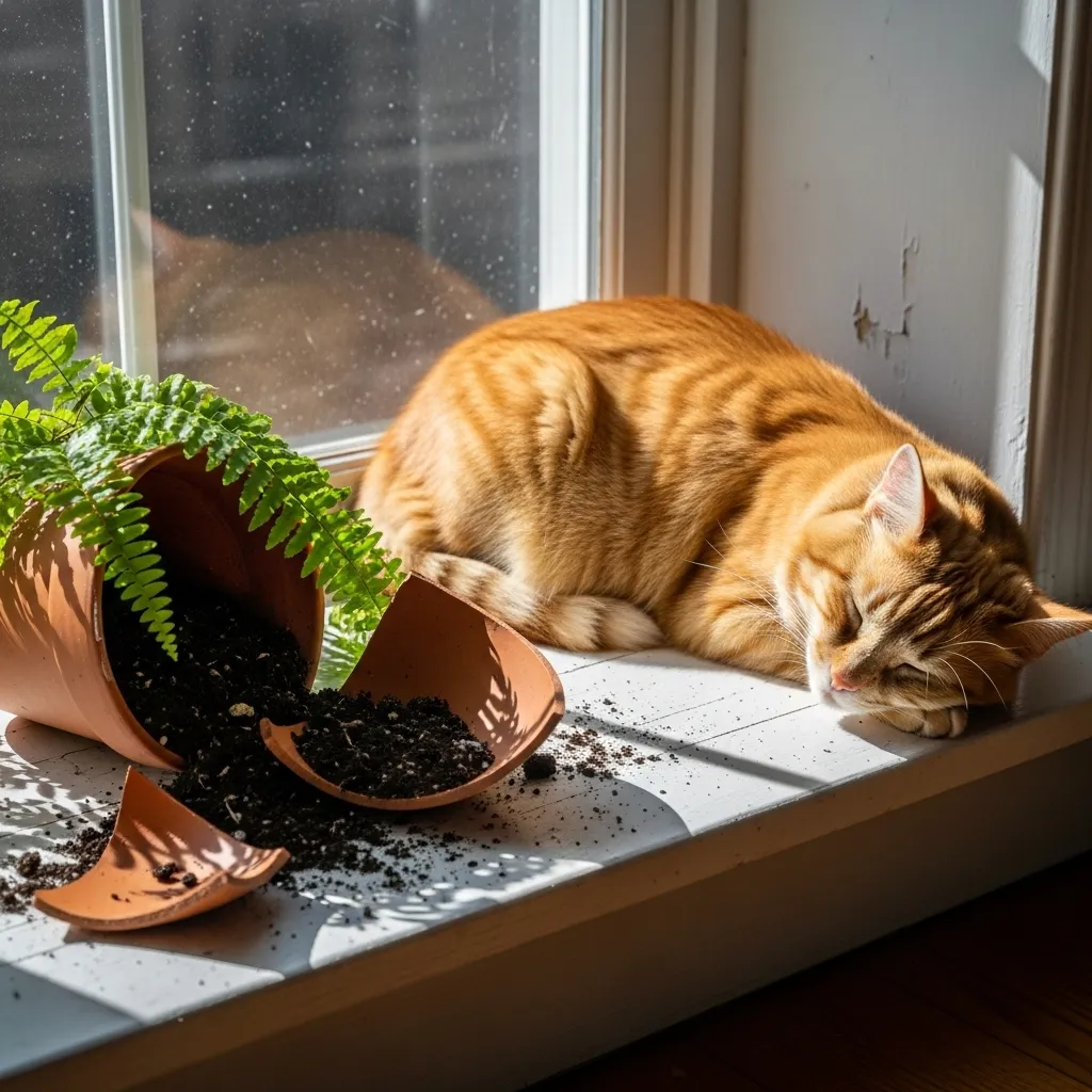 Cat sleeping peacefully next to destroyed plant in perfectly timed funny contrast moment