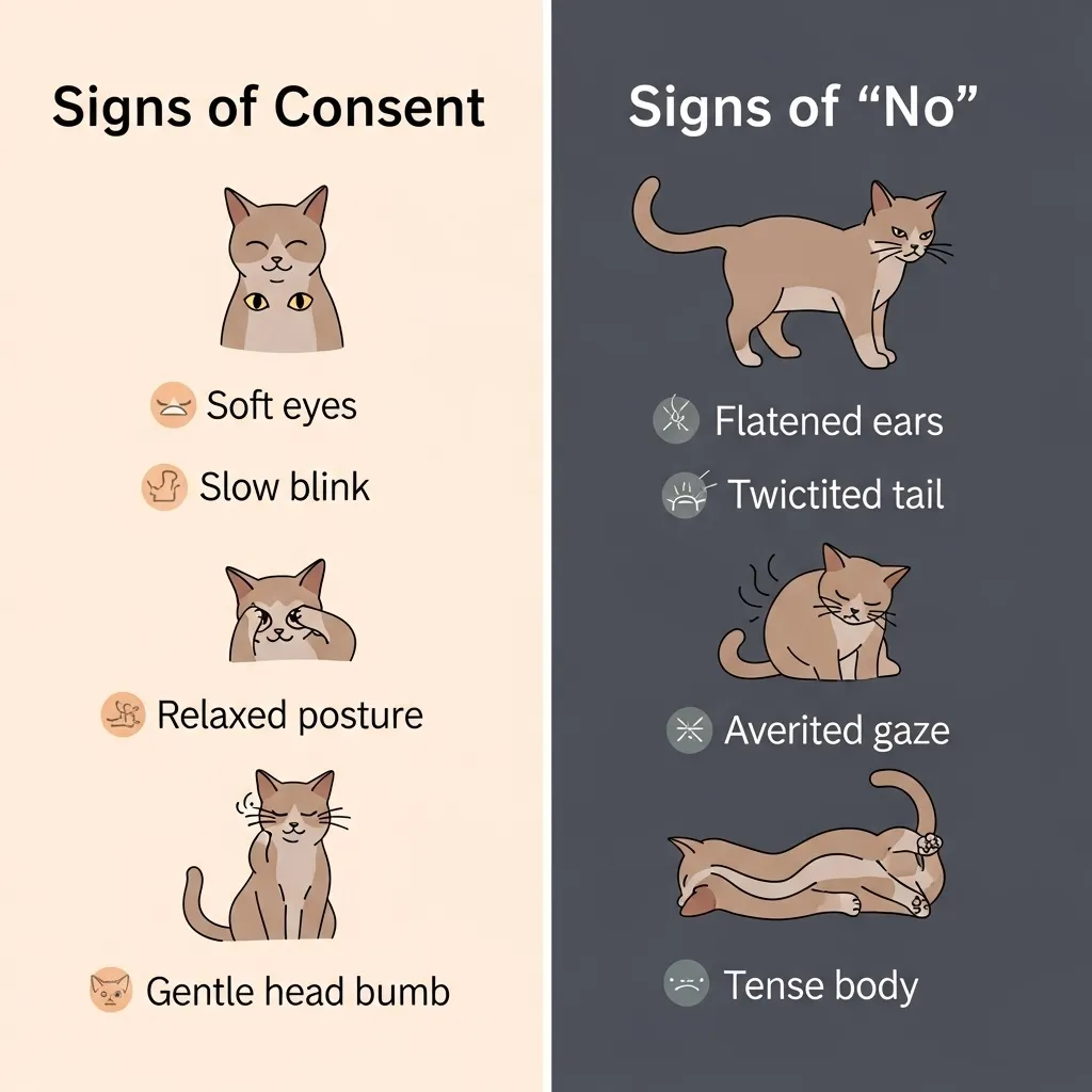 Infographic explaining cat body language cues for consent and discomfort.