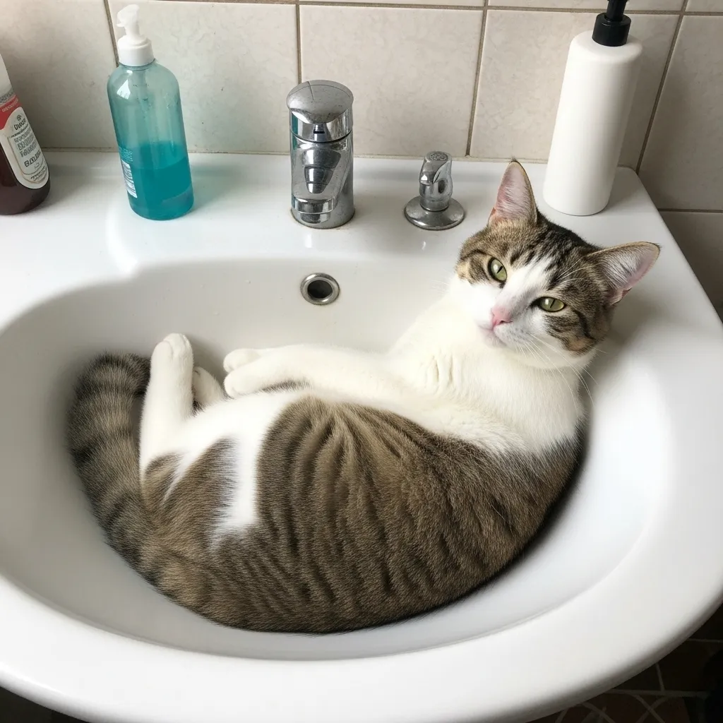 Cat napping in bathroom sink for cool comfort
