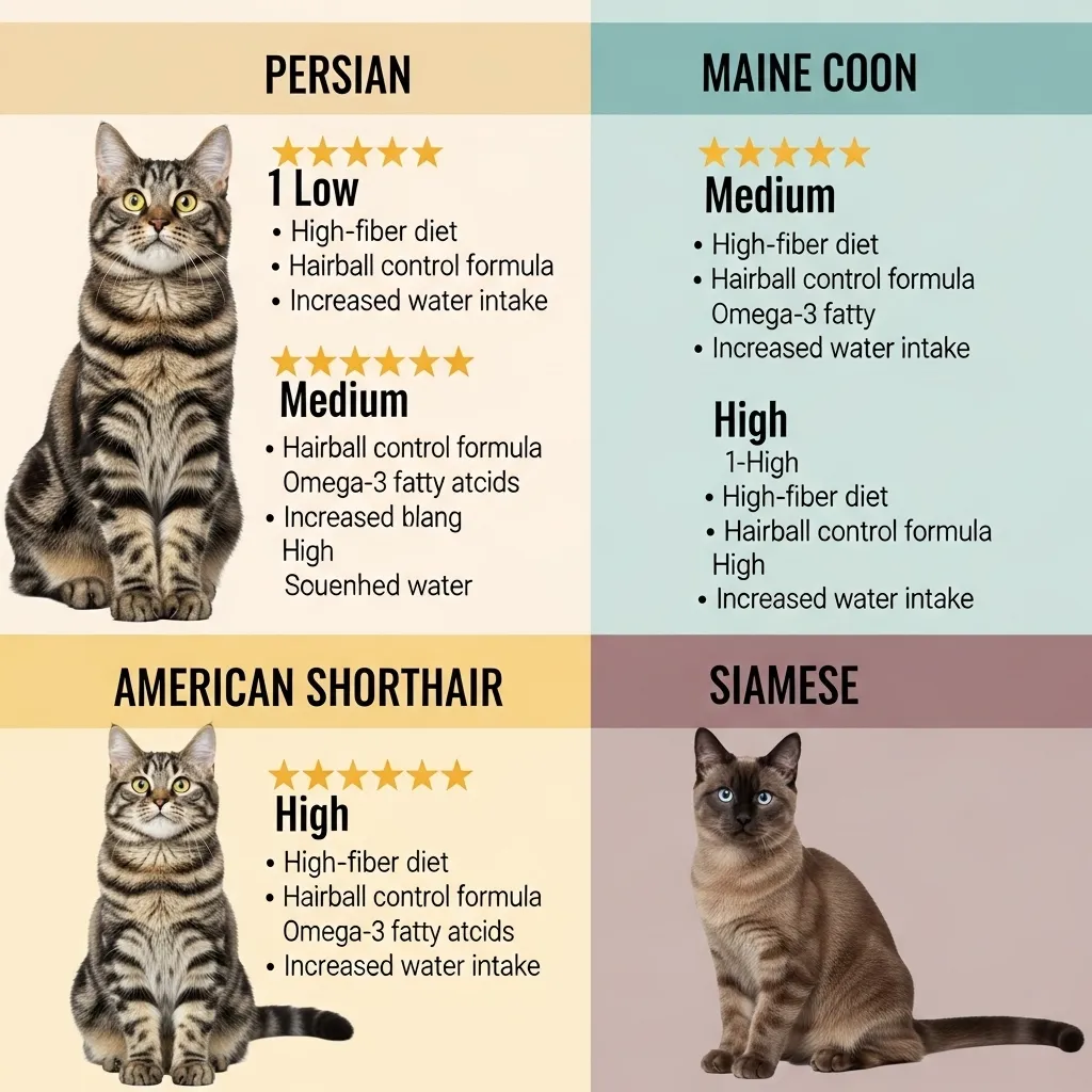 Comparison chart of cat breeds showing hairball risk levels and specific nutritional recommendations for each coat type