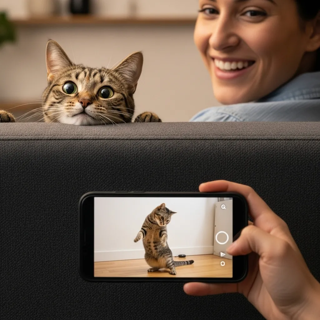 A cat owner sharing a laugh while watching a funny cat video, with the real-life cat looking on curiously.