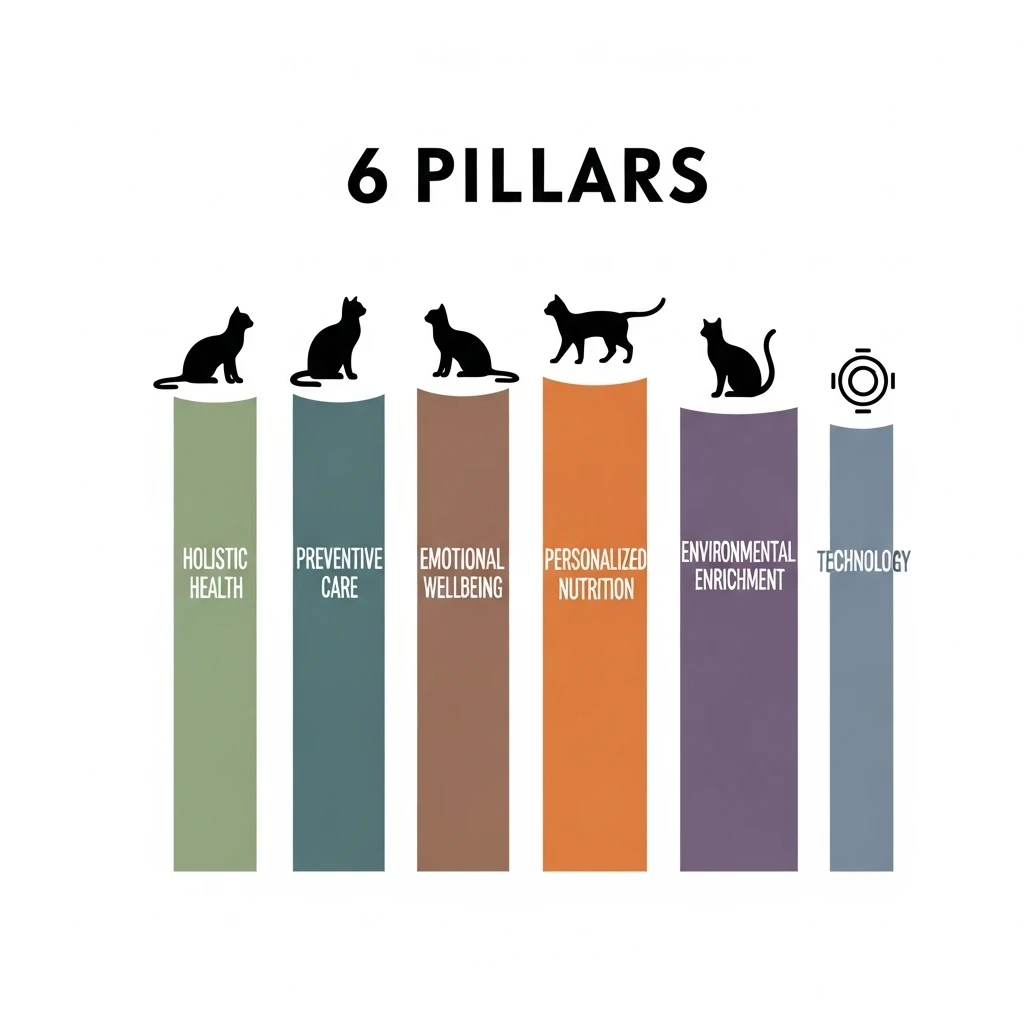 Infographic illustrating the six essential pillars of modern cat wellness trends for comprehensive feline care."
