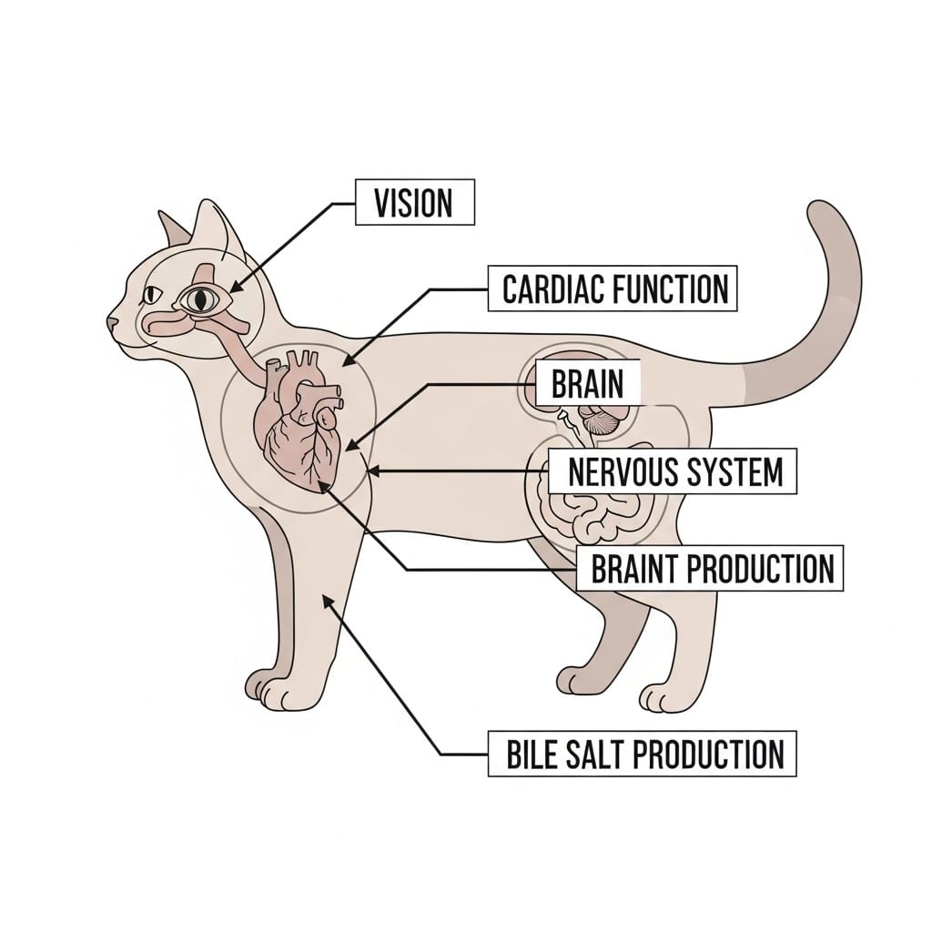 Diagram showing the key bodily systems in cats that require taurine to function properly.