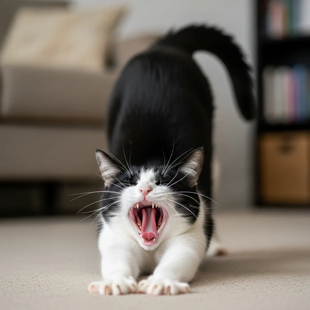 Cat caught in funny perfectly timed moment of dramatic yawn and stretch