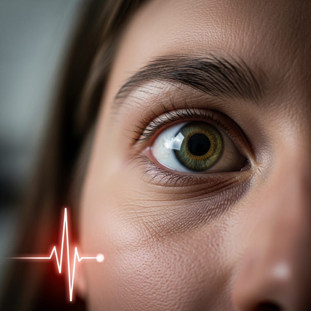 A cat's observational view of a human face, highlighting subtle physiological cues like pupil dilation and muscle tension.
