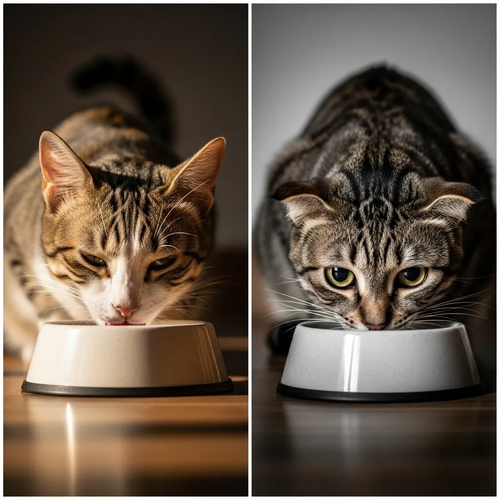 Visual comparison of relaxed versus stressed feline body language during feeding time.