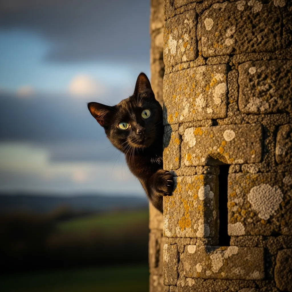 Timid cat hiding behind tower"; "Shy black cat peeking out"; "Fearful cat cautiously emerging