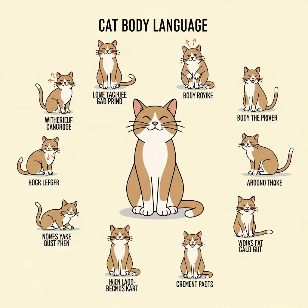  Infographic decoding cat body language, explaining tail, ear, and eye signals.