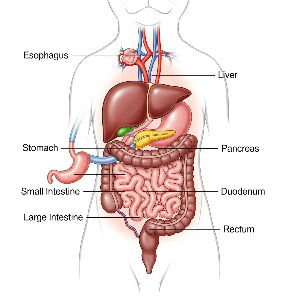 Diagram of cat digestive system anatomy showing key organs involved in nutrient processing