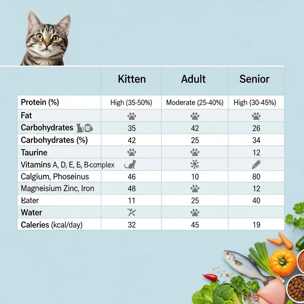 Comparative table outlining nutritional needs for cats at different life stages