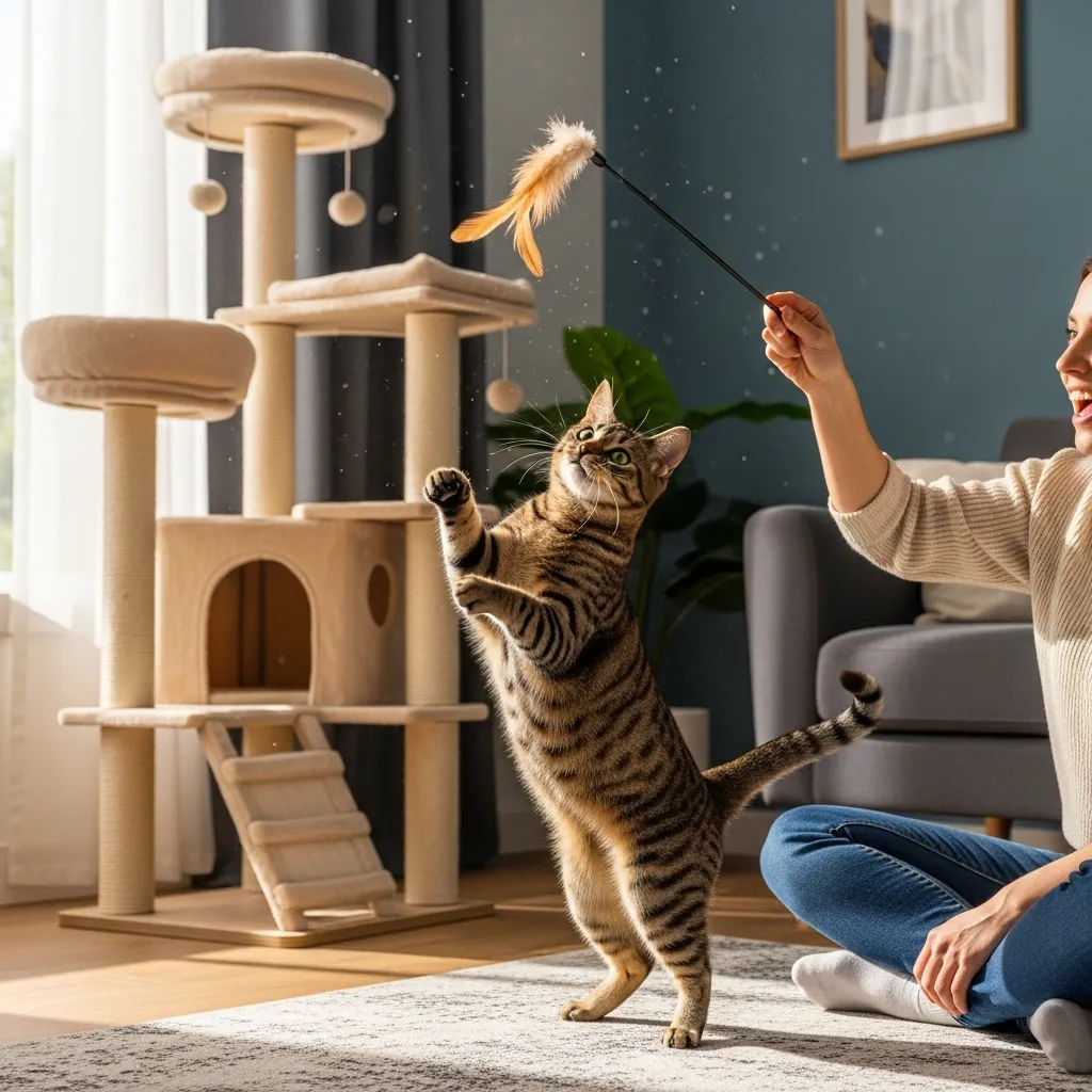 Owner providing environmental enrichment through play, satisfying a cat's instinctual needs and reducing demanding behaviors.
