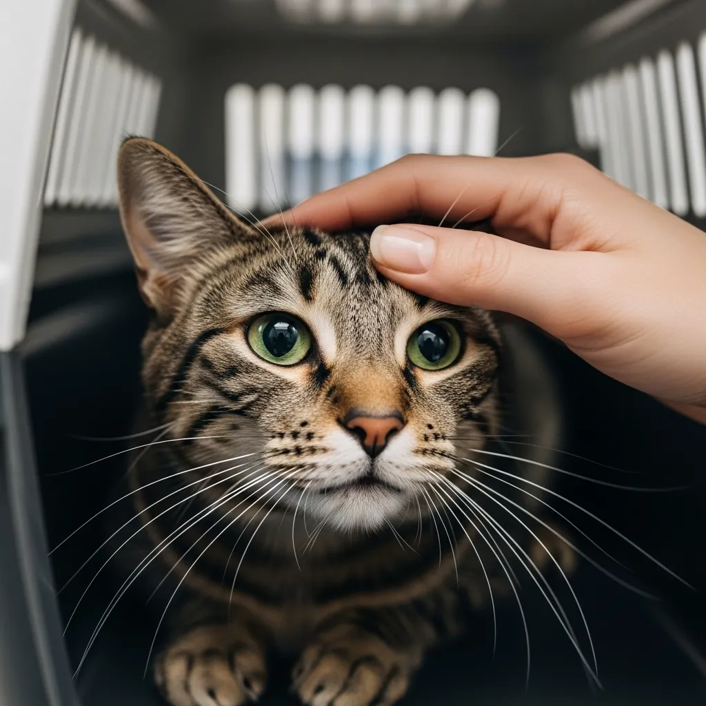  Cat purring in a carrier at the vet, illustrating purring as a self-soothing mechanism during stress.