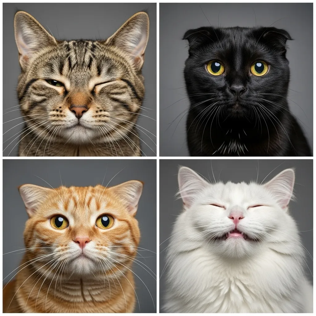 Collage demonstrating the range of expressive faces in domestic cats, from contentment to alertness.