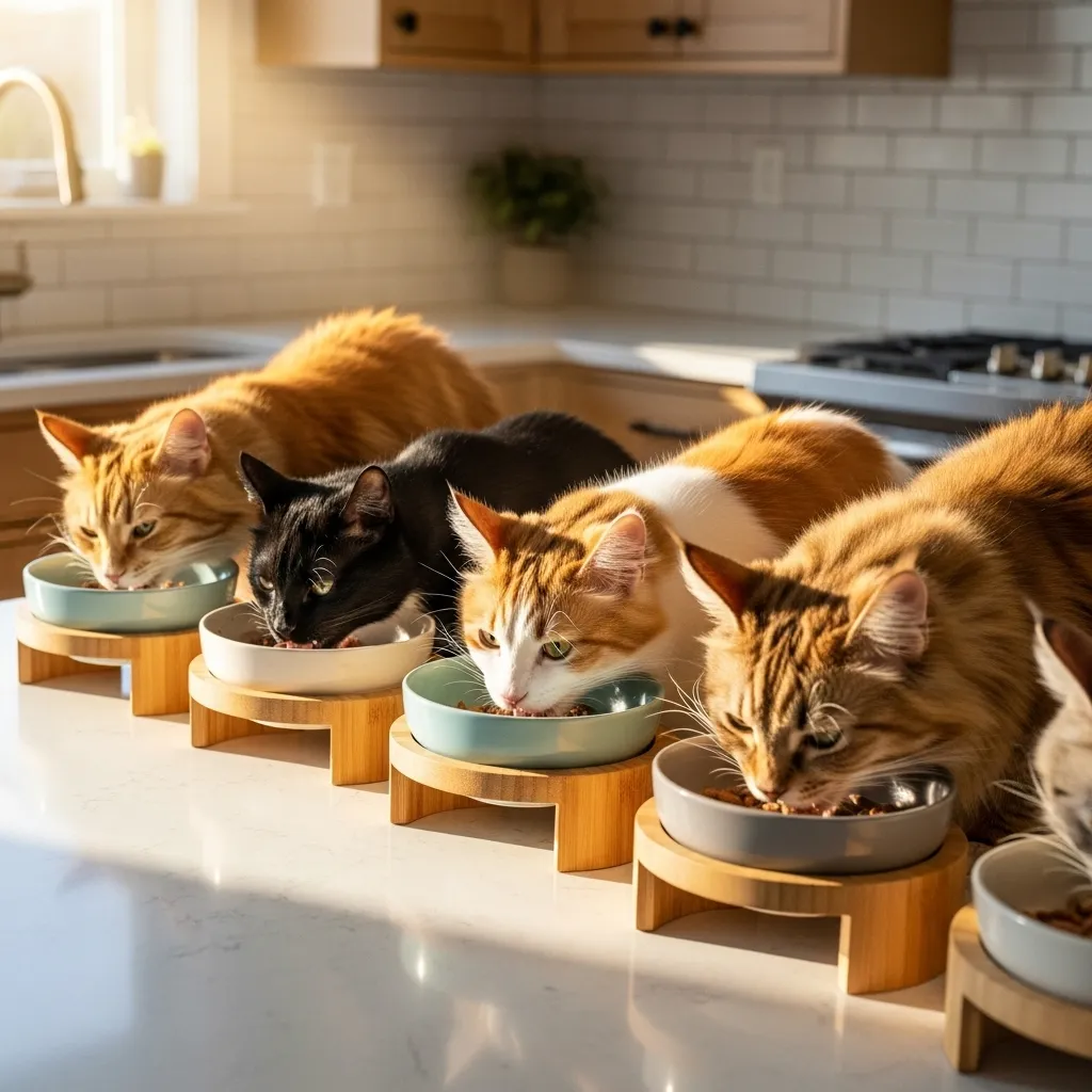 Healthy cats enjoying a nutritious meal, illustrating the benefits of proper feline nutrition