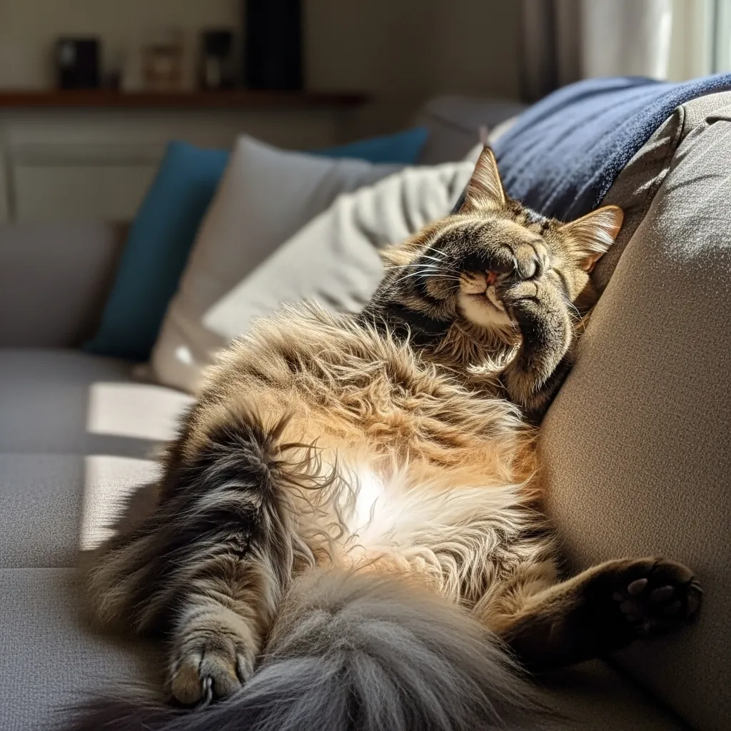 A confident cat displaying a vulnerable sleeping posture, indicating deep relaxation and security.