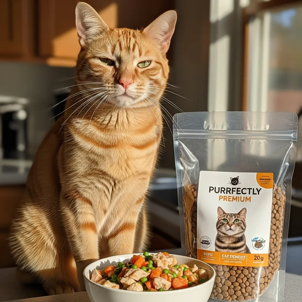 Healthy cat with both homemade and commercial food options, representing informed choices in feline nutrition