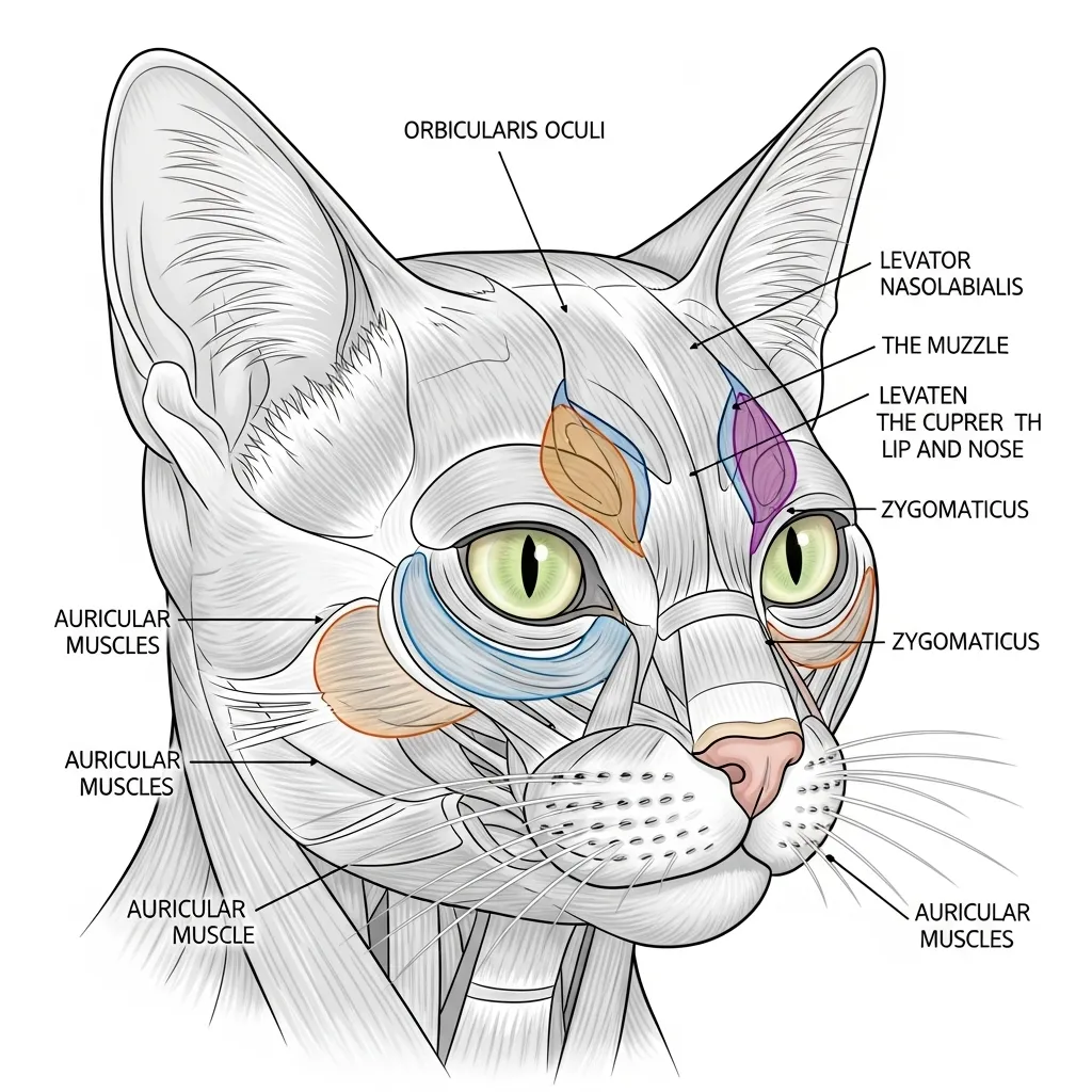 Diagram showing the complex facial muscle structure that allows cats to create surprisingly expressive faces.
