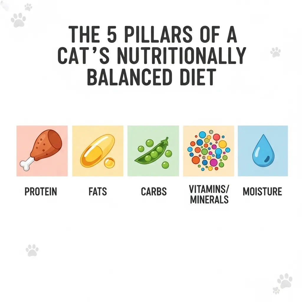 Infographic explaining the five essential components of a nutritionally complete diet for cats: protein, fats, carbs, vitamins, and moisture.