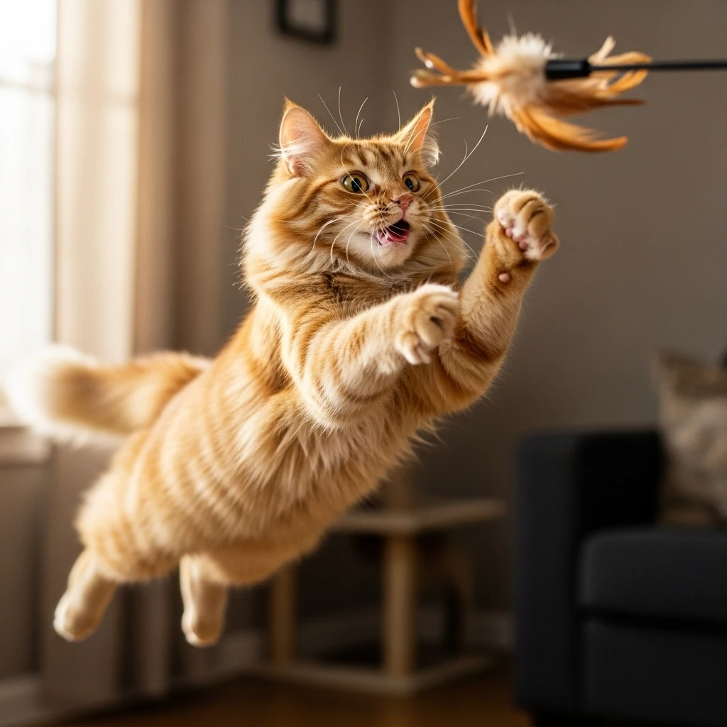 An adult cat playing energetically with a feather wand, demonstrating confidence and emotional wellbeing.