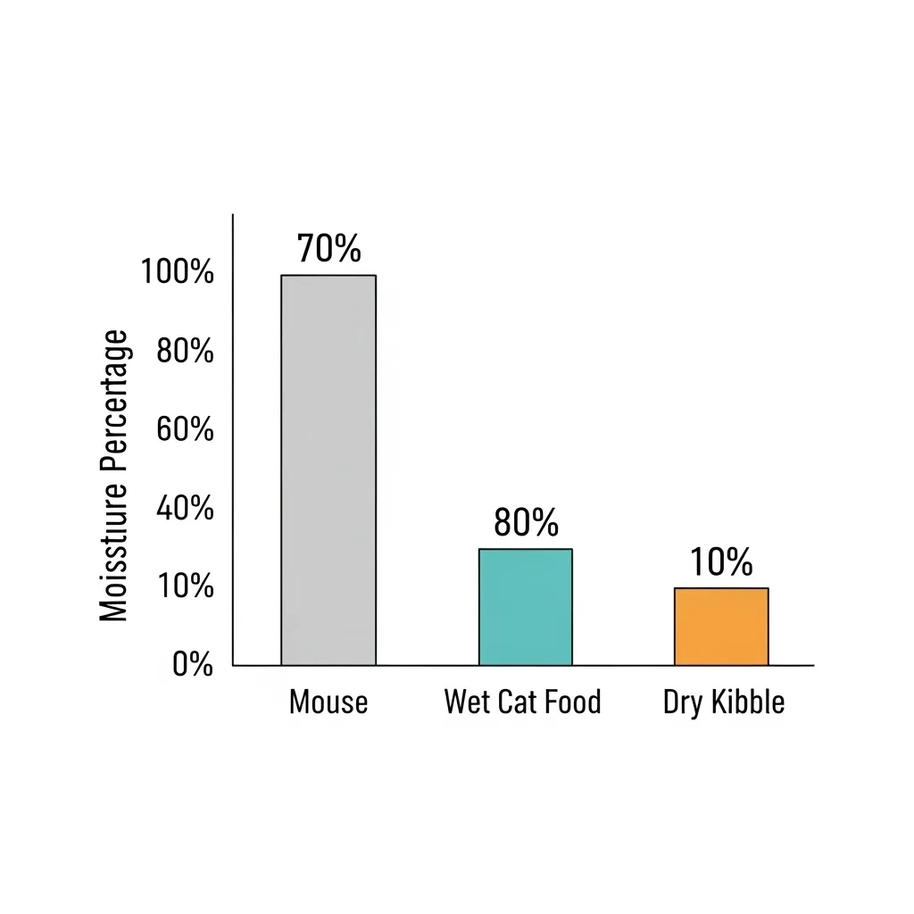 Diagram comparing moisture content in cat's natural prey versus commercial wet and dry food