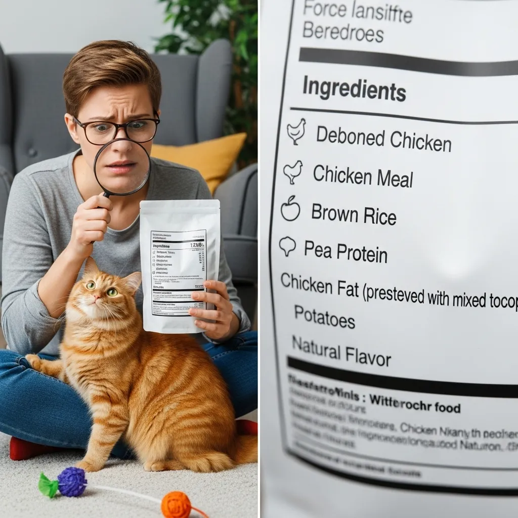  Informed cat owner analyzing the ingredient list on a bag of cat food to make a healthy choice.