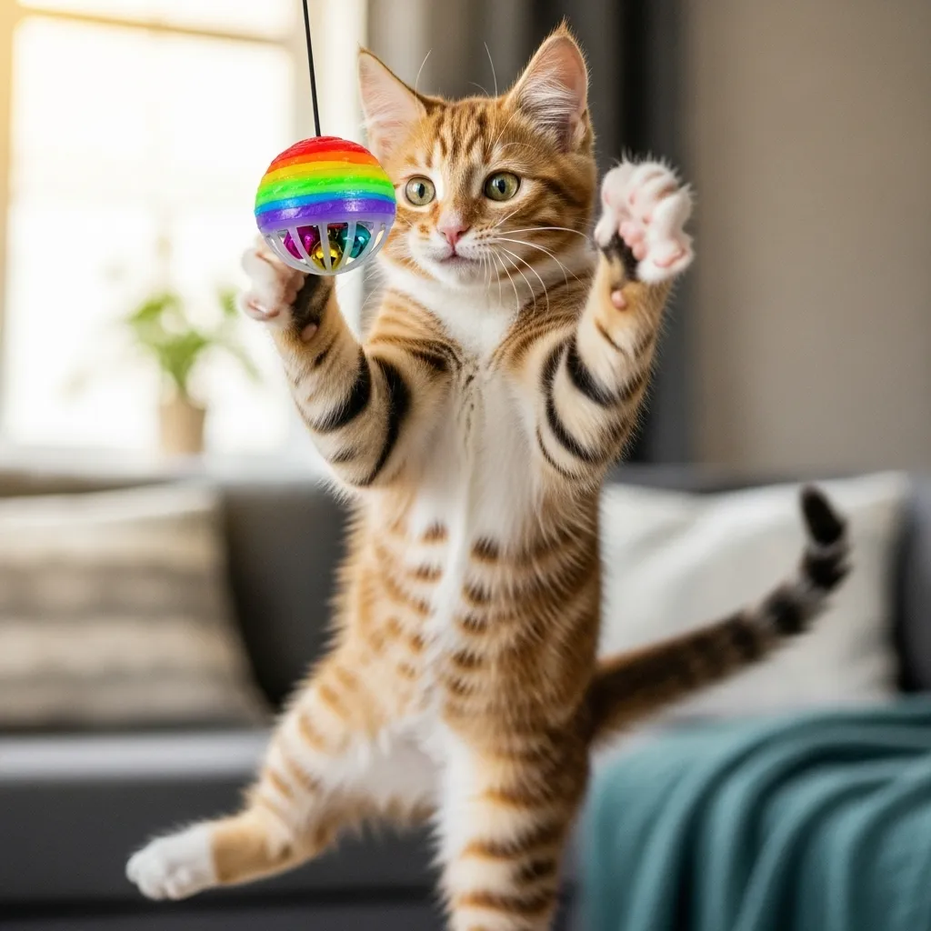 Healthy kitten playing with toy, representing vitality in early life stages