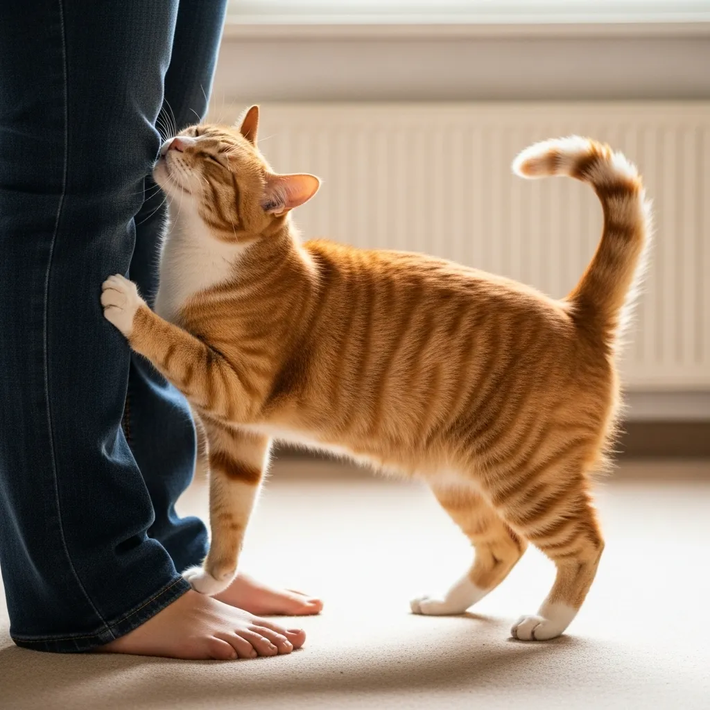 "Affectionate cat nuzzling owner's hand"; "Cuddly cat rubbing against leg"; "Loving cat headbutting for pets