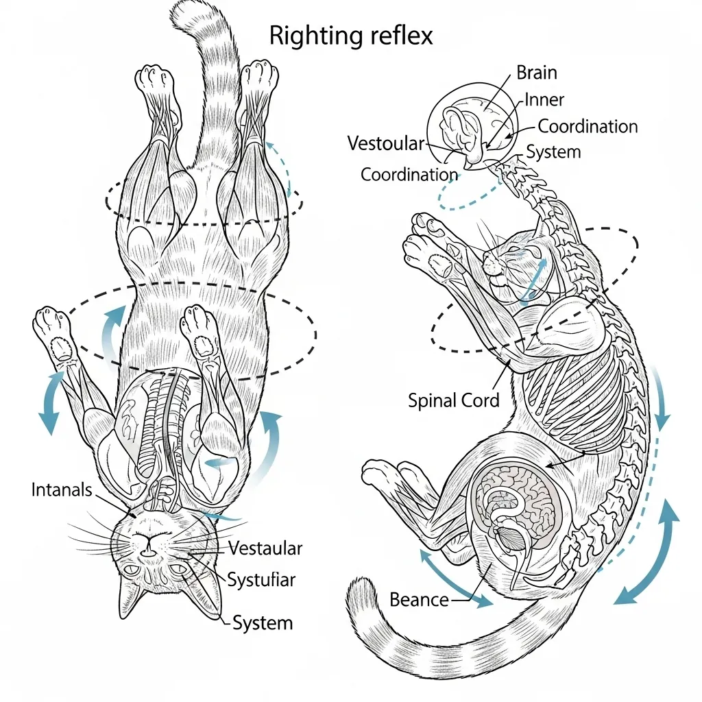 Diagram illustrating a cat's innate righting reflex and anatomy that enables its natural grace. Clumsy
