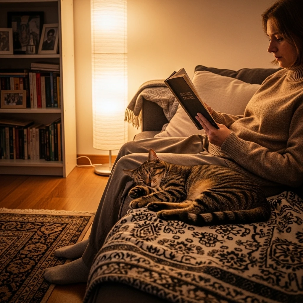Owner and cat sharing a calm, trusting moment together on a sofa, representing a secure bond built on understanding emotional triggers.