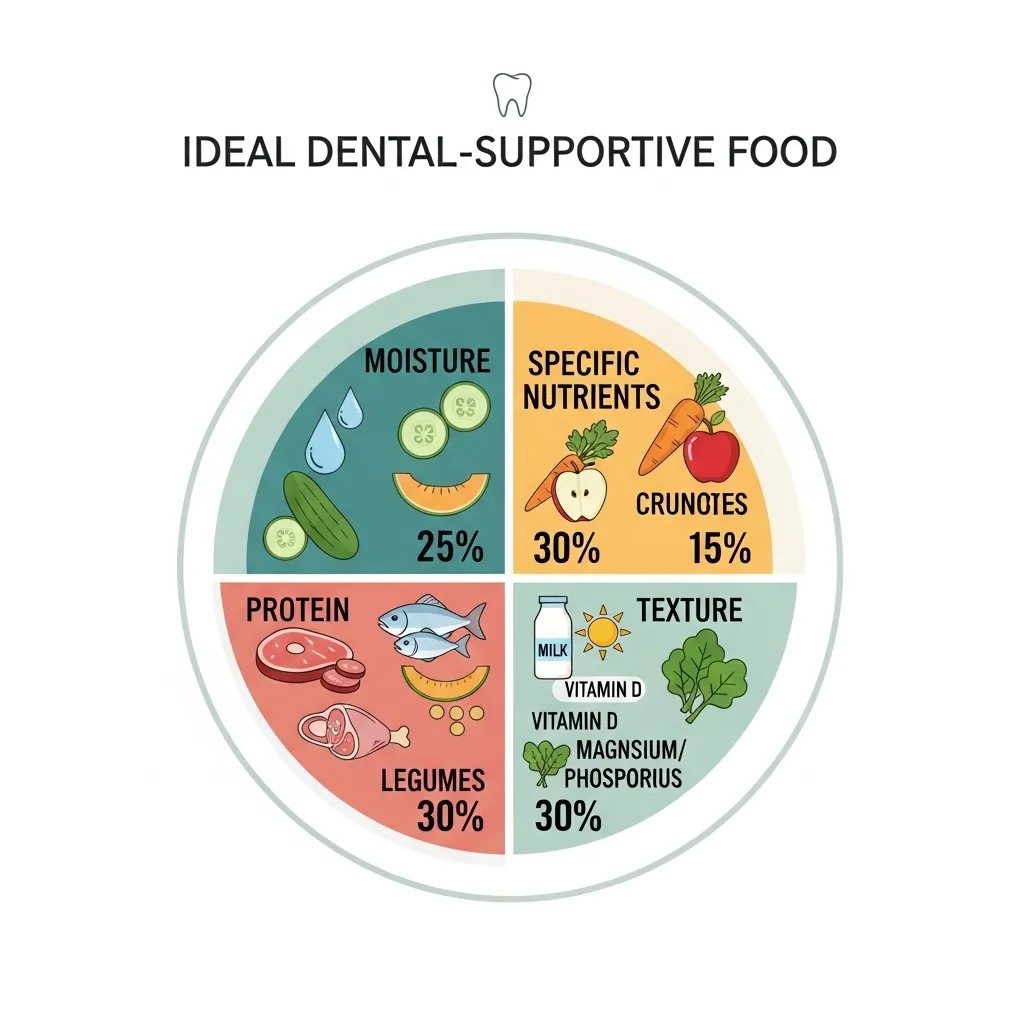  Infographic showing the building blocks of a tooth-friendly cat diet: high protein, balanced minerals, moisture, and dental texture.