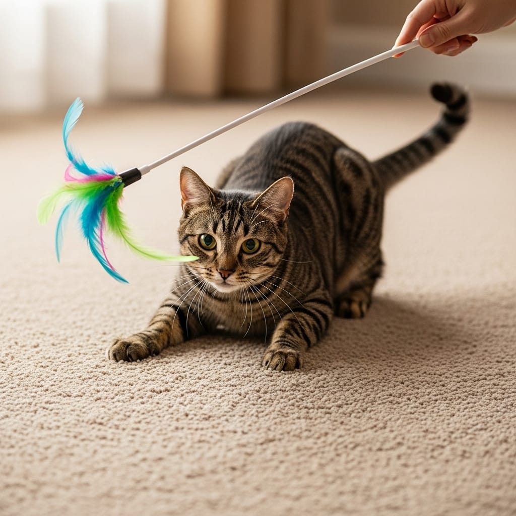 Interactive play with a wand toy, mimicking prey movement to stimulate a cat's natural hunting instincts.