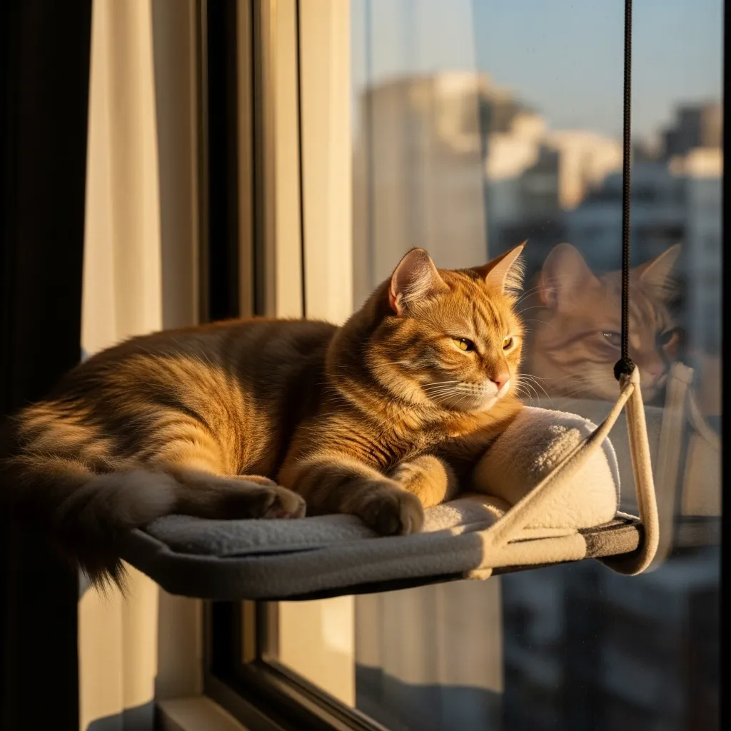 Cat enjoying outdoor views from safe window spot.]