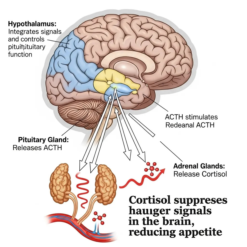 Diagram explaining the hormonal pathway of feline stress response and appetite suppression.