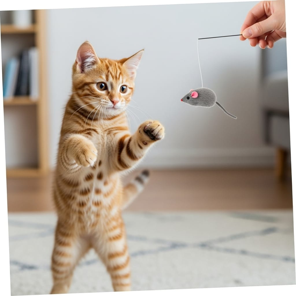 Playful kitten leaping after a toy mouse, full of energy"; "Energetic cat batting at a feather wand"; "Curious kitten exploring with a ball"; "Adorable cat pouncing playfully"